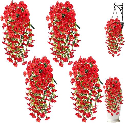 Artificial Hanging Flowers for Outdoors, 4Pcs UV Resistant Artificial Hanging Morning Glory Flowers, Spring Realistic Faux Outdoor Flower for Porch Patio Yard Garden Farmhouse Decor (Purple+Fuchsia) in Saudi Arabia