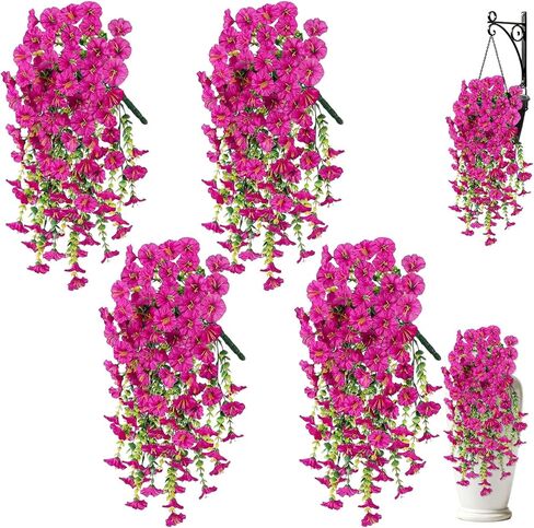 Artificial Hanging Flowers for Outdoors, 4Pcs UV Resistant Artificial Hanging Morning Glory Flowers, Spring Realistic Faux Outdoor Flower for Porch Patio Yard Garden Farmhouse Decor (Purple+Fuchsia) in Saudi Arabia