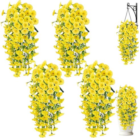 Artificial Hanging Flowers for Outdoors, 4Pcs UV Resistant Artificial Hanging Morning Glory Flowers, Spring Realistic Faux Outdoor Flower for Porch Patio Yard Garden Farmhouse Decor (Purple+Fuchsia) in Saudi Arabia