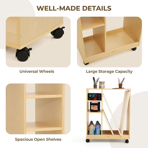 VISWIN Art Cart Organizer, Solid Pine Wood Art Supply Storage Organizer with Caster Wheels, 3-Tier Multifunctional Rolling Utility Storage Cart for Studio, Classroom, Artists - Natural in Kuwait