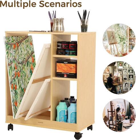 VISWIN Art Cart Organizer, Solid Pine Wood Art Supply Storage Organizer with Caster Wheels, 3-Tier Multifunctional Rolling Utility Storage Cart for Studio, Classroom, Artists - Natural in Kuwait