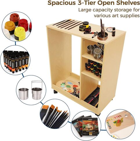 VISWIN Art Cart Organizer, Solid Pine Wood Art Supply Storage Organizer with Caster Wheels, 3-Tier Multifunctional Rolling Utility Storage Cart for Studio, Classroom, Artists - Natural in Kuwait