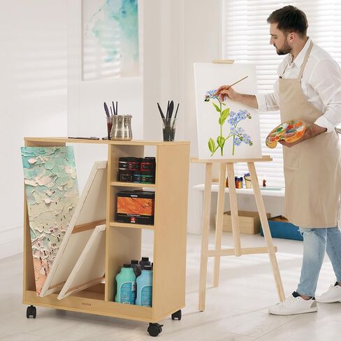 VISWIN Art Cart Organizer, Solid Pine Wood Art Supply Storage Organizer with Caster Wheels, 3-Tier Multifunctional Rolling Utility Storage Cart for Studio, Classroom, Artists - Natural in Kuwait