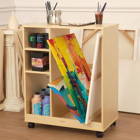VISWIN Art Cart Organizer, Solid Pine Wood Art Supply Storage Organizer with Caster Wheels, 3-Tier Multifunctional Rolling Utility Storage Cart for Studio, Classroom, Artists - Natural in Kuwait