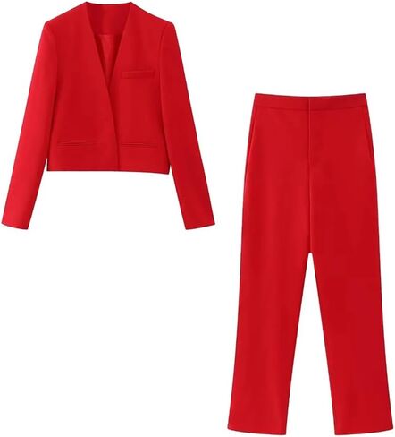 Fulbant Women Vintage Red Solid V-Neck Short Blazer Pockets Straight Long Loose Pants Suit in Saudi Arabia
