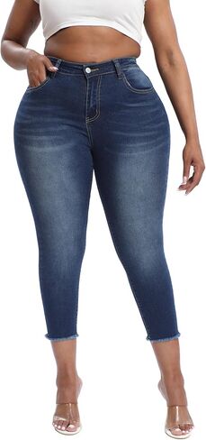 Womens Plus Size Capri Jeans Stretchy High Waisted Skinny Cropped Denim Capris Pants in Kuwait