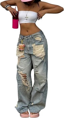 Women Ripped Jeans Low Waist Baggy Distressed Denim Jeans Boyfriend Wide Leg Dad Jeans Streetwear American Retro in Saudi Arabia