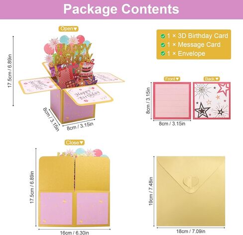 Fushing 3D Pop Up Birthday Card - Sweet Birthday Box Greeting Card Box with Blank Message Card & Envelope, Unique Handmade Scrapbook for Wife, Women, Men, Kids, Daughter, Son, Mom, Dad, Friend (Pink) in Saudi Arabia
