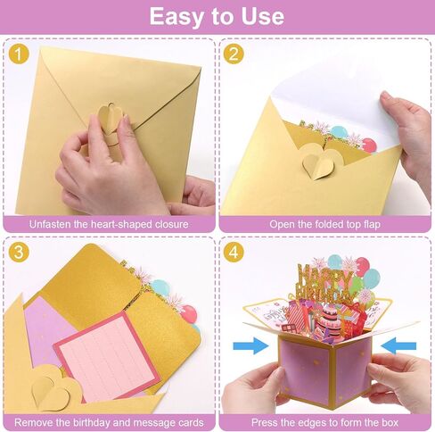 Fushing 3D Pop Up Birthday Card - Sweet Birthday Box Greeting Card Box with Blank Message Card & Envelope, Unique Handmade Scrapbook for Wife, Women, Men, Kids, Daughter, Son, Mom, Dad, Friend (Pink) in Saudi Arabia