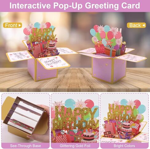 Fushing 3D Pop Up Birthday Card - Sweet Birthday Box Greeting Card Box with Blank Message Card & Envelope, Unique Handmade Scrapbook for Wife, Women, Men, Kids, Daughter, Son, Mom, Dad, Friend (Pink) in Saudi Arabia