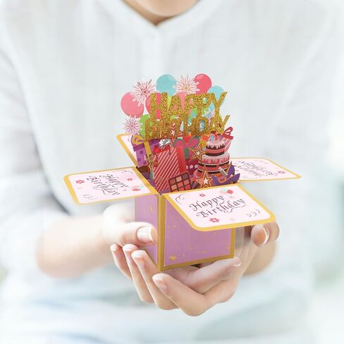 Fushing 3D Pop Up Birthday Card - Sweet Birthday Box Greeting Card Box with Blank Message Card & Envelope, Unique Handmade Scrapbook for Wife, Women, Men, Kids, Daughter, Son, Mom, Dad, Friend (Pink) in Saudi Arabia