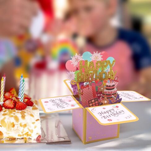 Fushing 3D Pop Up Birthday Card - Sweet Birthday Box Greeting Card Box with Blank Message Card & Envelope, Unique Handmade Scrapbook for Wife, Women, Men, Kids, Daughter, Son, Mom, Dad, Friend (Pink) in Saudi Arabia