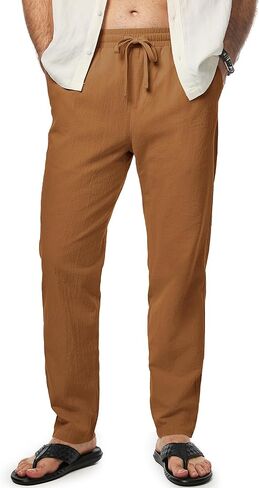 JMIERR Mens Cotton Pants Casual Elastic Waist Drawstring Lightweight Summer Beach Trousers with Pockets in Kuwait