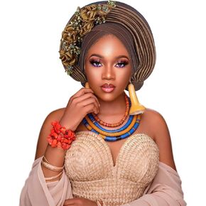 غطاء رأس أفريقي من نيجيريا Aso Oke أغطية للرأس قبعة عمامة لحفلات الزفاف مصنوعة يدويًا قبعة شعر أنيقة للنساء in Kuwait