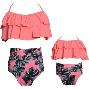 OMZIN Mommy and Me Halter Ruffle Swimsuit Leaf Print High Waisted Adjustable Straps Family Matching Bikini Set in Kuwait