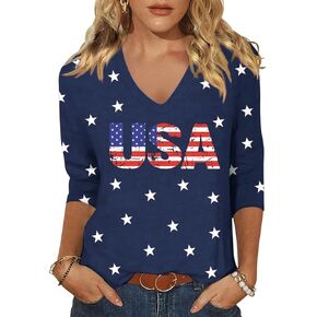 تي شيرت نسائي من Vircreate بأكمام 3/4 ورقبة على شكل حرف V قمصان الرابع من يوليو برسومات النجوم والعلم الأمريكي in Kuwait
