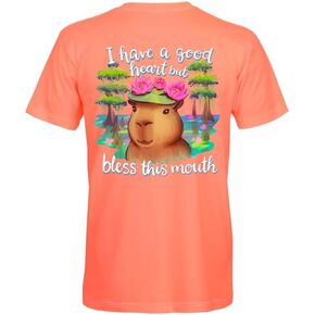 Southern Attitude Bless This Mouth Capybara Graphic T-Shirt, Bright Coral, Short Sleeve, Cotton in Kuwait
