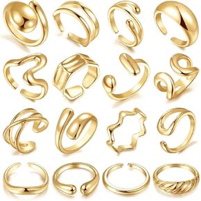 مجموعة خواتم ذهبية مكتنزة للنساء بطول 17 كيلومتر مكونة من 16 قطعة، قبة سميكة مطلية بالذهب عيار 14 قيراط حلقات مفتوحة قابلة للتكديس هدايا مجوهرات عصرية وأنيقة in Kuwait