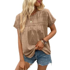 Poetsky Womens Summer Short Sleeve Lace Crochet Blouses Flowy Babydoll Dressy Casual Work Tops in Kuwait