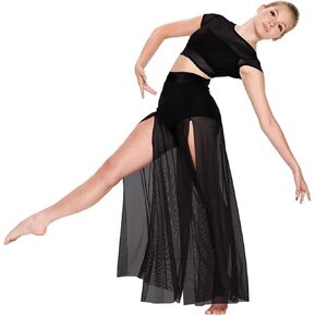 Lyrical Dance Costume Modern Ballet Dance For Women Mesh Top Wide Leg Pants Attached 2 Piece Lyrical Outfits Ballerina Girl Stage Costume(Black,MA) in Kuwait