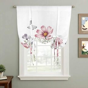 Spring Floral Tie Up Curtains for Window, Elegant Pastoral Flowers Watercolor Thermal Insulated Balloon Shade Adjustable Rod Pocket Curtains Valance Panels for Kitchen Bathroom Café 52'' x 63'' in Kuwait