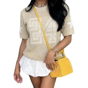 Jersey Shirts for Women Y2k Sweater Number Crochet Hollow Out Jersey Tee Crew Neck Short Sleeve Knit T Shirts in Saudi Arabia