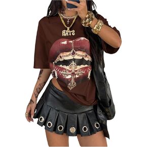 تي شيرت نسائي من Verdusa Y2k مطبوع عليه شفاه برسومات جرافيك هيب هوب تي شيرت ملابس خروج للخارج in Kuwait