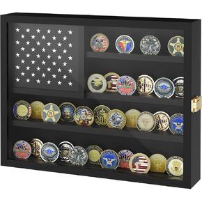 حافظة عرض العملات المعدنية من تشالينج، عرض حامل العملات المعدنية العسكرية مع تصميم العلم الأمريكي وحجرة تخزين مخفية، عرض حائط خشبي للعملات المعدنية لـ 46 عملة معدنية، حامل العملات المعدنية لهواة الجمع - أسود in Kuwait