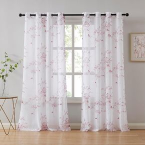 LinenZone Sheer Printed White Curtains with Pink Leaf Design. White Farmhouse Curtains for Living Room. (Katia 54 x 84, Pink) in Kuwait