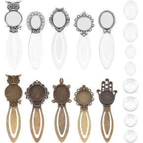 20Pcs 10 Styles Vintage Bookmark Pendant Tray Kit Include 10Pcs Oval Round Metal Bookmark Cabochon Setting with 10Pcs Clear Glass Cabochon Alloy Cabochons Book Mark Blank Bezels in Kuwait