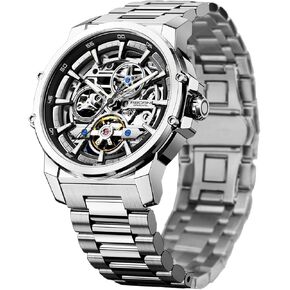 FORSINING Men's Luxury Automatic Skeleton Mechanical Watch, Industrial Style Self-Winding Hollow Watches with Tourbillon & Luminous Function, Stainless Steel Strap Mens Wristwatch in Saudi Arabia