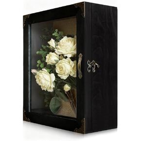 إطار صندوق ظلال مقاس 11x13، حافظة عرض عميقة مقاس 5 بوصات، خشب ريفي محروق، باب أكريليك بتصميم مفصلي، مقبض معدني عتيق ومزلاج، ظهر من الكتان in Kuwait