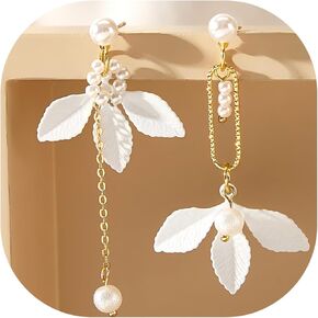 White Flower Earrings for Women: Unique Pearl Drop Dangle Earrings, Minimalist Aesthetic Fashion Trendy Earrings for Parties & Daily Commute in Kuwait