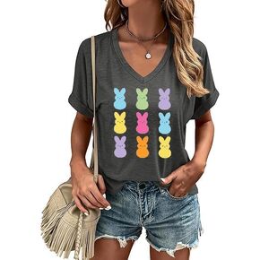 قمصان عيد الفصح برقبة على شكل حرف V للسيدات، قمصان برسومات بيض عيد الفصح على شكل أرنب لطيف، قمصان ربيعية ملونة، تي شيرت كاجوال in Kuwait