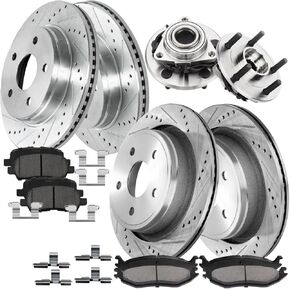 Brake Kit for 2012 2013 2014 2015 2016 2017 2018 Ram 1500, Ceramic Brake Pads and Rotors Kit & Wheel Bearing Hub, Drilled and Slotted Brakes Replacement [13.23" Front & 13.86" Rear Rotor] in Kuwait