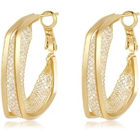 18K Gold Plated Filigree Earrings for Women, Chunky Gold Twisted Hoop Earrings, Disco Earrings for Women，Cubic Zirconia Hoop Dangle Elegant Earrings in Kuwait