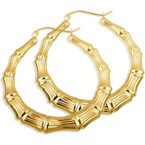 Gold Striped & Ribbed Textured Bamboo Hoop Earrings for Women | 10K or 14K Yellow Gold in Kuwait