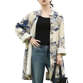 LZJN intage Floral Coat Cotton Linen Blend Stand Collar Casual Button Down for Spring Fall Loose Fit with Pockets in Kuwait