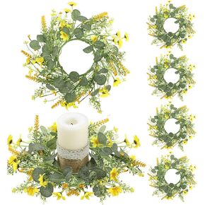 6 Pcs Spring Daisy Candle Rings Wreaths for Kitchen Cabinet Artificial Yellow Flower Mini Wreath Pillar Candle Holder for Easter Wedding Party Tabletop Centerpiece Decor in Kuwait