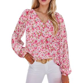 Women's Floral V-Neck Blouse – Long Balloon Sleeve Boho Casual Top in Kuwait