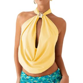 UAURORAO Women 3D Flower Halter Top Cowl Neck Ruched Tank Tops Draped Front Tie Up Backless Crop Top Going Out Camisole in Kuwait