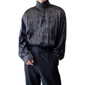 Men Satin Jacquard High-Collar Pleated Front Blouse with Floral Pattern in Kuwait