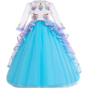 Girls Unicorn Costume Long Sleeve Dress Princess Birthday Pageant Wedding Halloween Christmas Party Long Tulle Gown in Kuwait