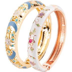 UJOY Vintage Jewelry Cloisonne Handcrafted Flower Enameled Gorgeous Rhinestone Gold Hinged Cuff Bracelet Bangles Gifts 88A10 in Saudi Arabia