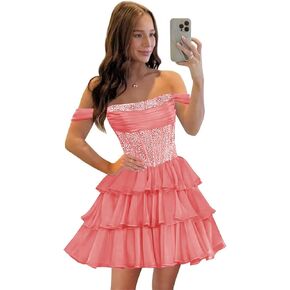 Short Sequin Homecoming Dresses for Teens 2026 Off Shoulder Tiered Chiffon Prom Dress in Kuwait