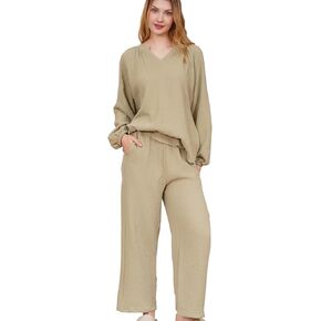 Womens Cotton Gauze Pajama Set Long Sleeve, Soft and Breathable Sleepwear with Pockets in Saudi Arabia