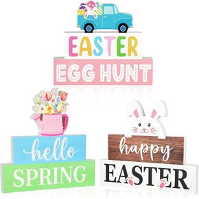 3 Pcs Easter Decorations for Home Wooden Bunny Table Sign Hello Spring Tables Centerpiece Egg Hunt Wood Tabletop Blocks Tiered Tray Office Desk Shelf Mantle Fireplace Farmhouse Rustic Indoor Kitchen in Kuwait