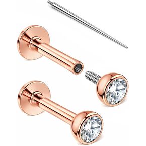 Internal Thread Earrings Flat Back Studs for Nose, Helix, Cartilage, Tragus, Conch, Labret, Medusa, Monroe, Lip Piercing Jewelry for Women - 316LVM Surgical Steel, AAAAA Cubic Zirconia (2pcs + Taper) in Kuwait