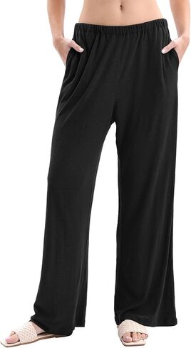 Amazhiyu Womens Linen Knit High Waist Elastic Wide Leg Lounge Pants with Pockets in Saudi Arabia