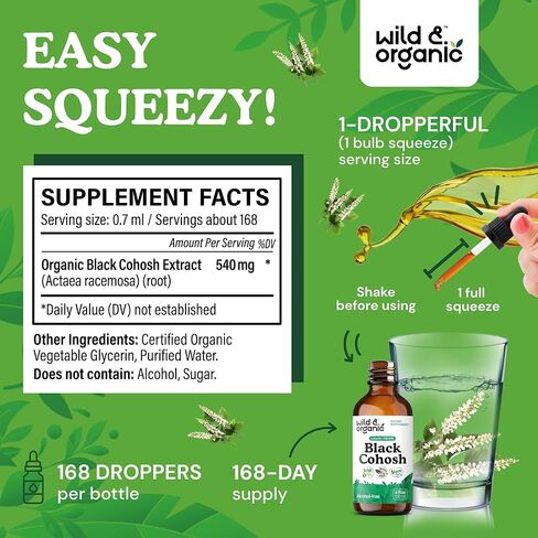 Wild & Organic Black Cohosh Liquid Drops 540 mg - Herbal Black Cohosh Supplements for Women - Liquid Black Cohosh Extract Tincture - Natural Black Cohosh Herb Supplement - 2 fl oz in Kuwait